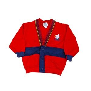 Vintage OshKosh Bgosh Red Navy Cardigan Sweater 24M Made in USA Embroidered Dog